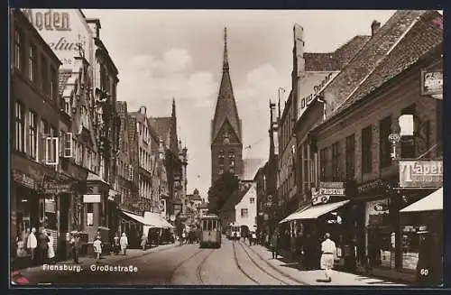 AK Flensburg, Grossestrasse mit Strassenbahn