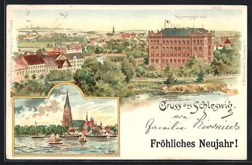 Lithographie Schleswig, Dom und Regierungsgebäude