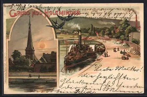 Lithographie Holzminden, Kirche beim Sonnenuntergang, Partie am Hafen