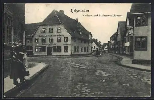 AK Holzminden, Gasthof zur Stadt Braunschweig, Bes. Heinrich König, Niedere- und Halbemond-Strasse