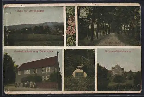 AK Lewenhagen, Gasthaus Aug. Beuermann, Schloss v. Stockhausen, Buchen-Allee