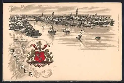 Lithographie Bremen, Totalansicht mit Schiffen, Wappen