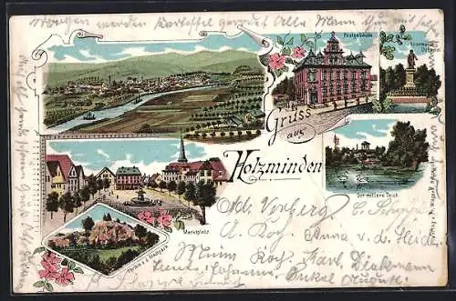 Lithographie Holzminden, Postgebäude, Marktplatz, Stadtpark, Haarmanns-Denkmal