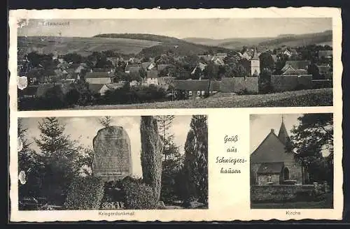 AK Schwiegershausen, Kirche, Kriegerdenkmal und Ortsansicht