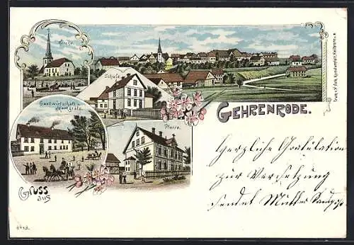 Lithographie Gehrenrode, Gasthaus v. Markgräfe, Pfarre, Kirche, Schule