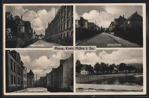 AK Plaue / Flöha, Siems-Strasse, Wilisch-Strasse, Brücken-Strasse