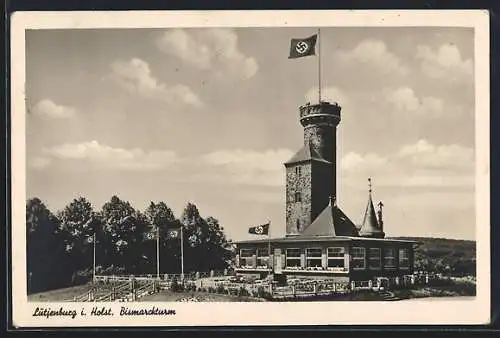 AK Lütjenburg i. Holst., Cafe Riemenschneider und Bismarckturm mit 