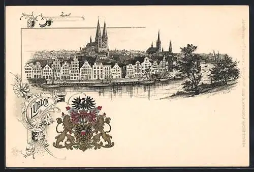 Passepartout-Lithographie Lübeck, Panoramablick auf die Stadt