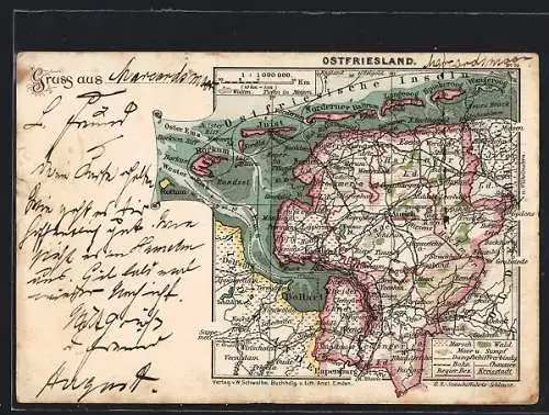 Lithographie Aurich / Ostfr., Landkarte von Ostfriesland