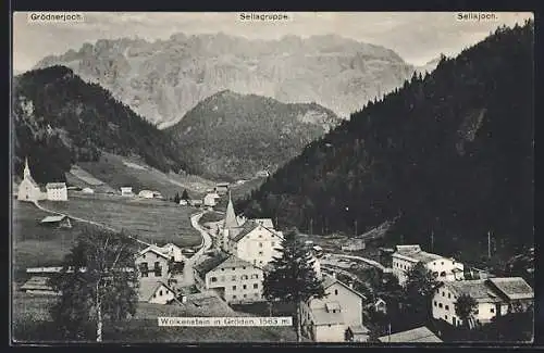 AK Wolkenstein in Gröden, Ortsansicht mit Grödnerjoch und Sellagruppe