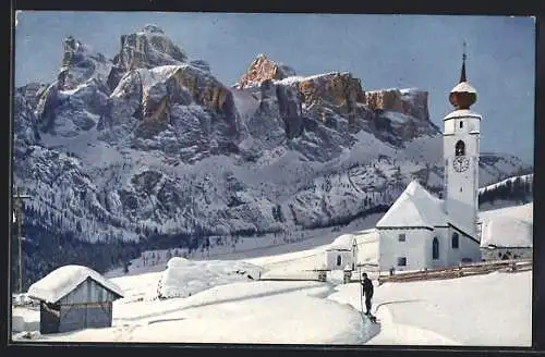 AK Colfuschg, Kirche im Winter gegen Pisciadu