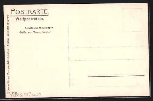 AK Meran, Kinder in Tracht sitzen vor der Kulisse des Ortes, Wappen