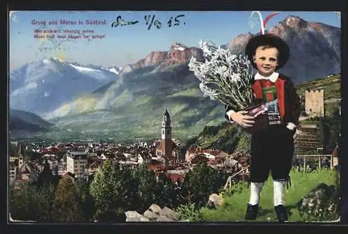 AK Meran, Blick von einer Anhöhe auf den Ort, Knabe in Tracht