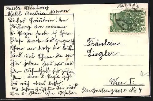 AK Meran, Blick von einer Anhöhe auf den Ort, Knabe in Tracht