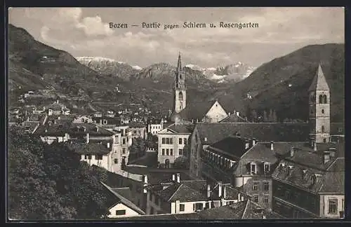 AK Bolzano / Bozen, Teilansicht mit Kirche gegen Schlern und Rosengarten