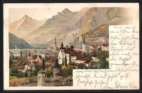 Lithographie Meran, Totalansicht mit Kirche