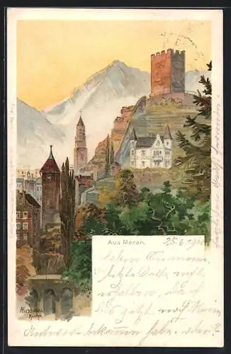 Künstler-AK sign. Hirschmann: Meran, Teilansicht aus der Vogelschau