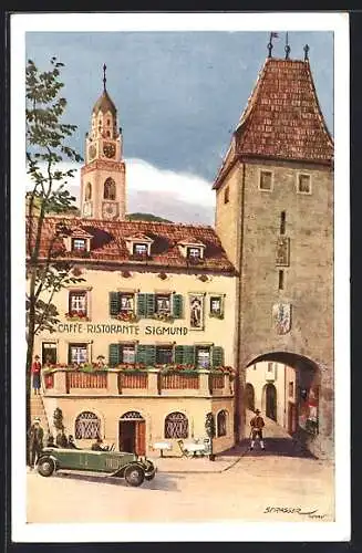 Künstler-AK Meran, Café-Restaurant Sigmund, Sandplatz
