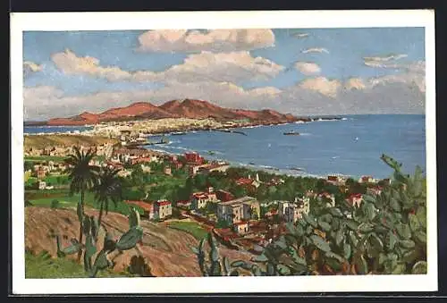 Künstler-AK Las Palmas, Ciudad jardin y Puerto de la Luz