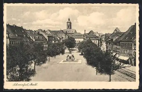 AK Schweinfurt, Markt mit Denkmal und Geschäften