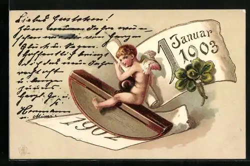 Präge-AK Jahreszahl 1903, Engel wippt auf einem Stempel, Kleeblatt