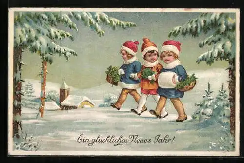 AK Kinder laufen an Neujahr durch den verschneiten Wald