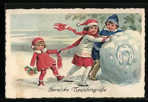 AK Kinder bauen einen Schneemann mit Hufeisen, Neujahsgrüsse