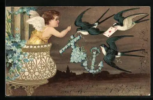 Präge-AK Schwalben bringen Amor Liebesbrief und Blumengirlanden
