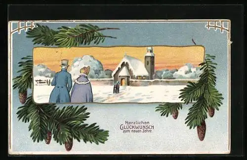 AK Neujahr, Paar auf dem Weg in die verschneite Kirche, Tannenzweig-Passepartout