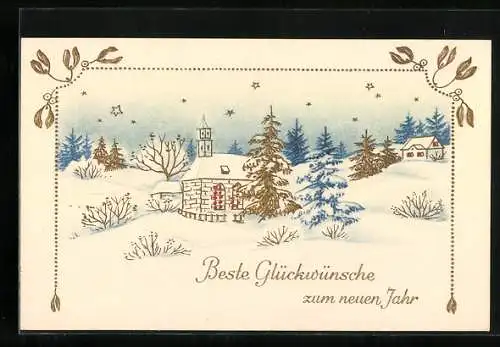 Präge-AK Neujahr, Verschneite Kirche im Wald