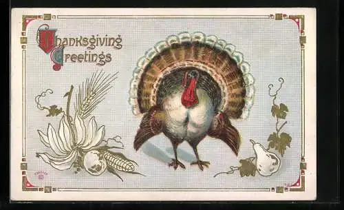 Präge-AK Thanksgiving, Truthahn und Maiskolben