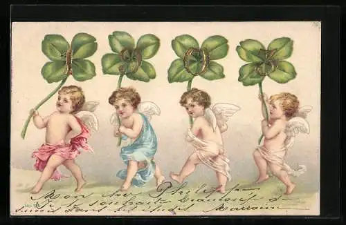 AK Kleine Engel tragen die Jahreszahl 1903 auf Kleeblättern