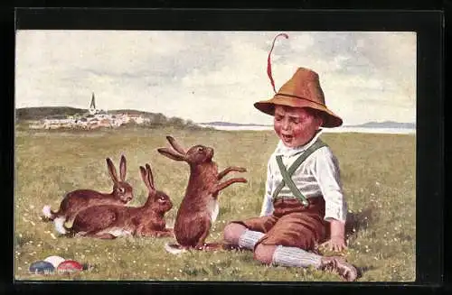 AK Weinender Junge mit drei Osterhasen auf einer Wiese
