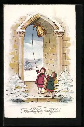 AK Neujahr, Kinder ringen Glocke im Schnee