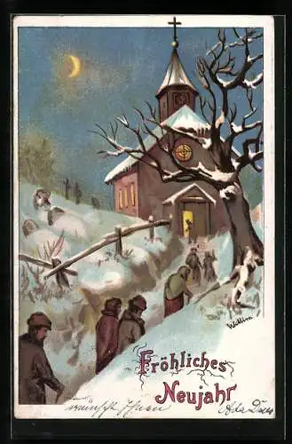 AK Neujahr, Gemeinde geht nachts in die verschneite Kirche