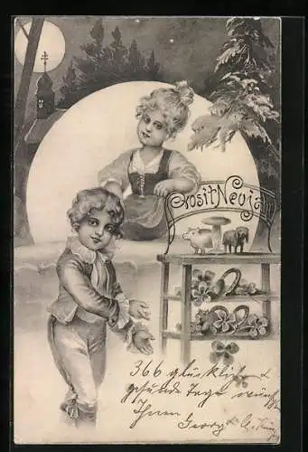 AK Zwei Kinder mit einem Regal voller Kleeblätter und Hufeisen, Prosit Neujahr