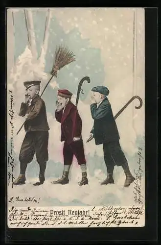 AK Prosit Neujahr, Drei Jungen ziehen mit Besen und Gehstock durch den Schnee