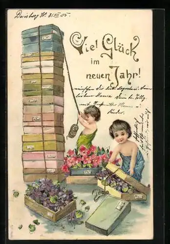 AK Kinder packen Blumenkartons, Ein glückliches neues Jahr!