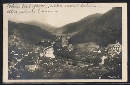 AK Wolfach, Ortsansicht mit Fluss und Bergen