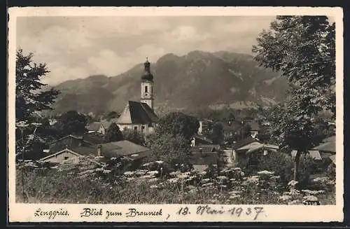 AK Lenggries, Ortsansicht mit Blick zum Brauneck