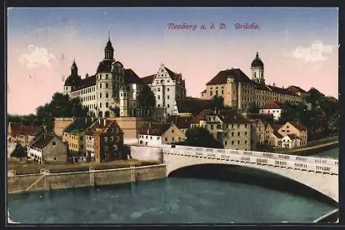 AK Neuburg / Donau, Donaubrücke und Schloss