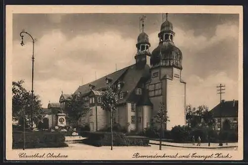 AK Clausthal / Oberharz, Roemerdenkmal und evangel. Kirche