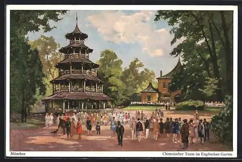 Künstler-AK München-Schwabing, chinesischer Turm im englischen Garten