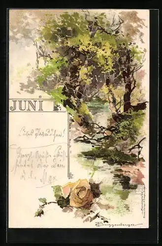 Künstler-AK T.Guggenberger: Allegorie, grüne Blätter an den Bäumen in Juni