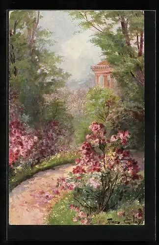 Künstler-AK Mary Golay: Prachtvolle Blüten im Park, Fröhliche Pfingsten