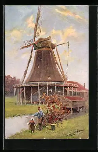 Künstler-AK Johan Georg Gerstenhauer: Vater und Tochter am Ufer vor einer Windmühle