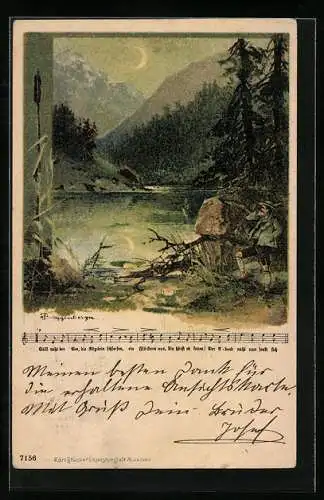 Künstler-AK T.Guggenberger: Jäger schaut in den Bergen auf einen See, Liedtext