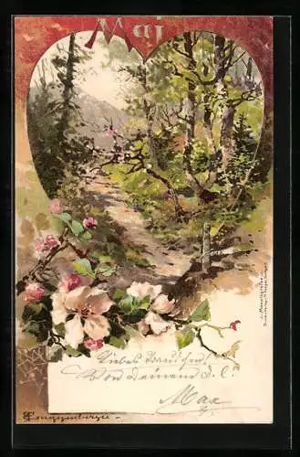 Künstler-AK Theodor Guggenberger: Mai, Waldpartie mit Bergen und Blumen