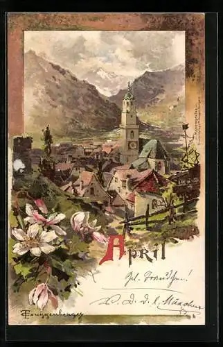 Künstler-AK T.Guggenberger: Allegorie, Monat April, Blick auf Dorf in den Bergen
