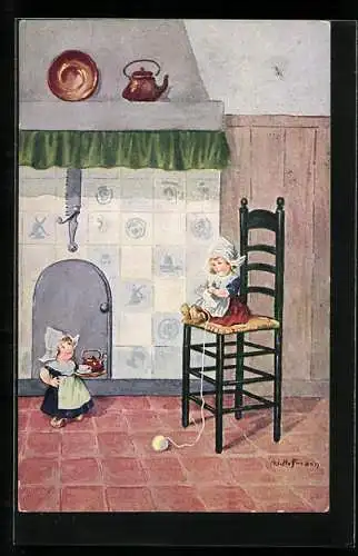 Künstler-AK Ad. Hoffmann: Mädchen in Tracht strickt während Tee serviert wird